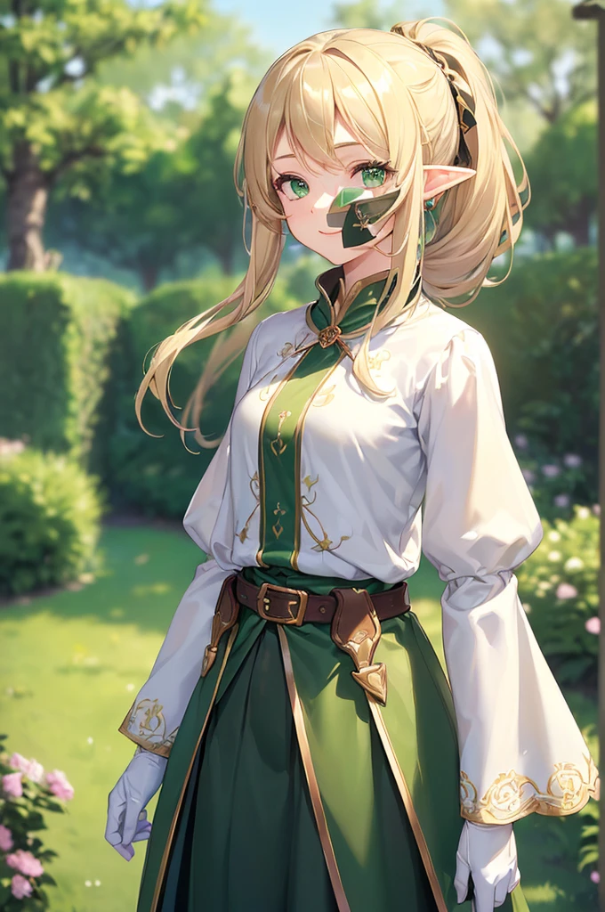 (((masterpiece; best quality: 1.2))), (finely detailed eyes: 1.3), (25 year old elf woman), (solo), (green eyes: 1.4), (body; lithe, fit, femenine: 1.3), (silky blonde hair in low ponytail: 1.3), (beautiful and clear background: 1.2), ((depth of field)), (equipment: adventurer attire + modest + long white tunic-coat + black longskirt + gloves + belt + pouches: 1.3), (anime illustration: 1.2), (background composition; royal garden: 1.1), (extremely fine and beautiful: 1.1), (shot composition; standing + centered on torso + close-up: 1.5), (expression; calm, smile: 1.2)