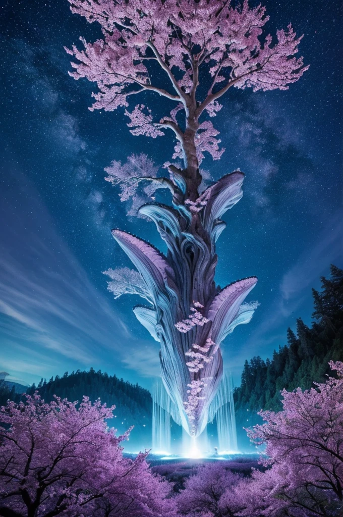 In the realm of whimsical fantasy, a majestic and translucent Whale takes to the skies, defying the very laws of nature. Its colossal form glows with a luminescent radiance, each fluid curve and wrinkle captured in exquisite detail in this high-resolution image. Cherry blossoms drift gently through the air around it, their delicate petals unfurling and cascading like rain, falling freely from the branches of ethereal trees that cling tensely to the wondrous behemoth's humongous body.
The fantasy landscape that surrounds this aerial spectacle is alive with vibrant colors, as if illuminated by