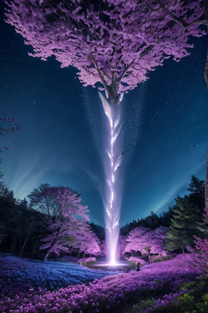 In the realm of whimsical fantasy, a majestic and translucent Whale takes to the skies, defying the very laws of nature. Its colossal form glows with a luminescent radiance, each fluid curve and wrinkle captured in exquisite detail in this high-resolution image. Cherry blossoms drift gently through the air around it, their delicate petals unfurling and cascading like rain, falling freely from the branches of ethereal trees that cling tensely to the wondrous behemoth's humongous body.
The fantasy landscape that surrounds this aerial spectacle is alive with vibrant colors, as if illuminated by