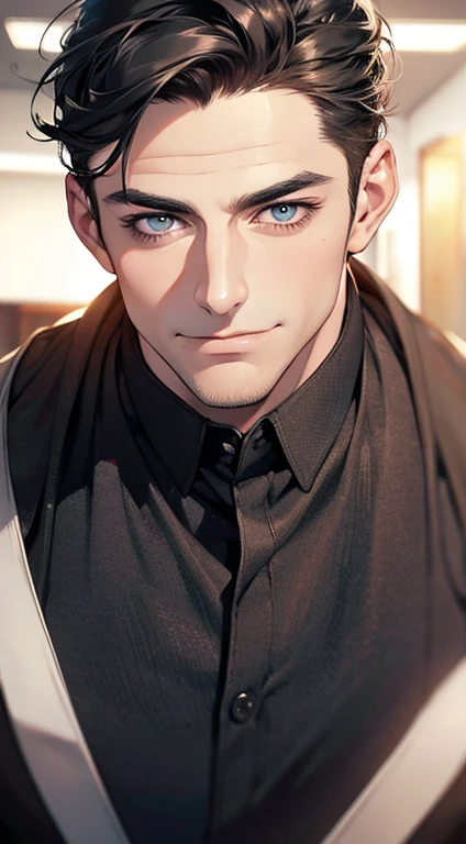 (best quality,4k,8k,highres,masterpiece:1.2),ultra-detailed,(realistic,photorealistic,photo-realistic:1.37),1 man,31 years old,mature man,very handsome,without expression,smile,short grey black hair,blue eyes,penetrating gaze,perfect face without errors,imposing posture,businessman,office background,cinematic lighting,hdr image
