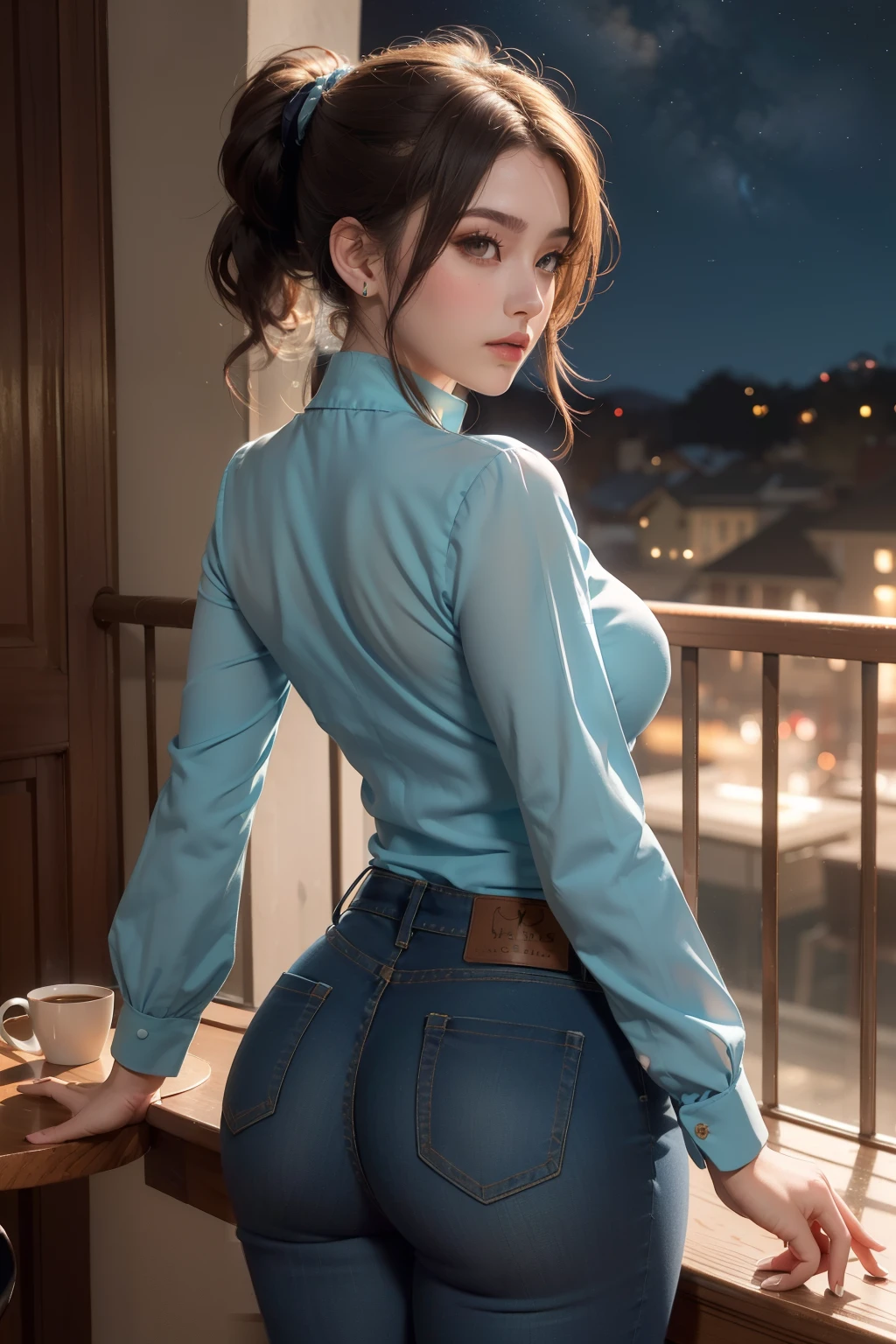 ((best quality)), ((masterpiece)), (detailed), ((best quality)), ((masterpiece)), (detailed), beatiful girl(curvy body) wearing blouse and jeans, ponytail hair style, standing in the balcony looking back at nights and there is a coffee on the table, moonshine and stars
