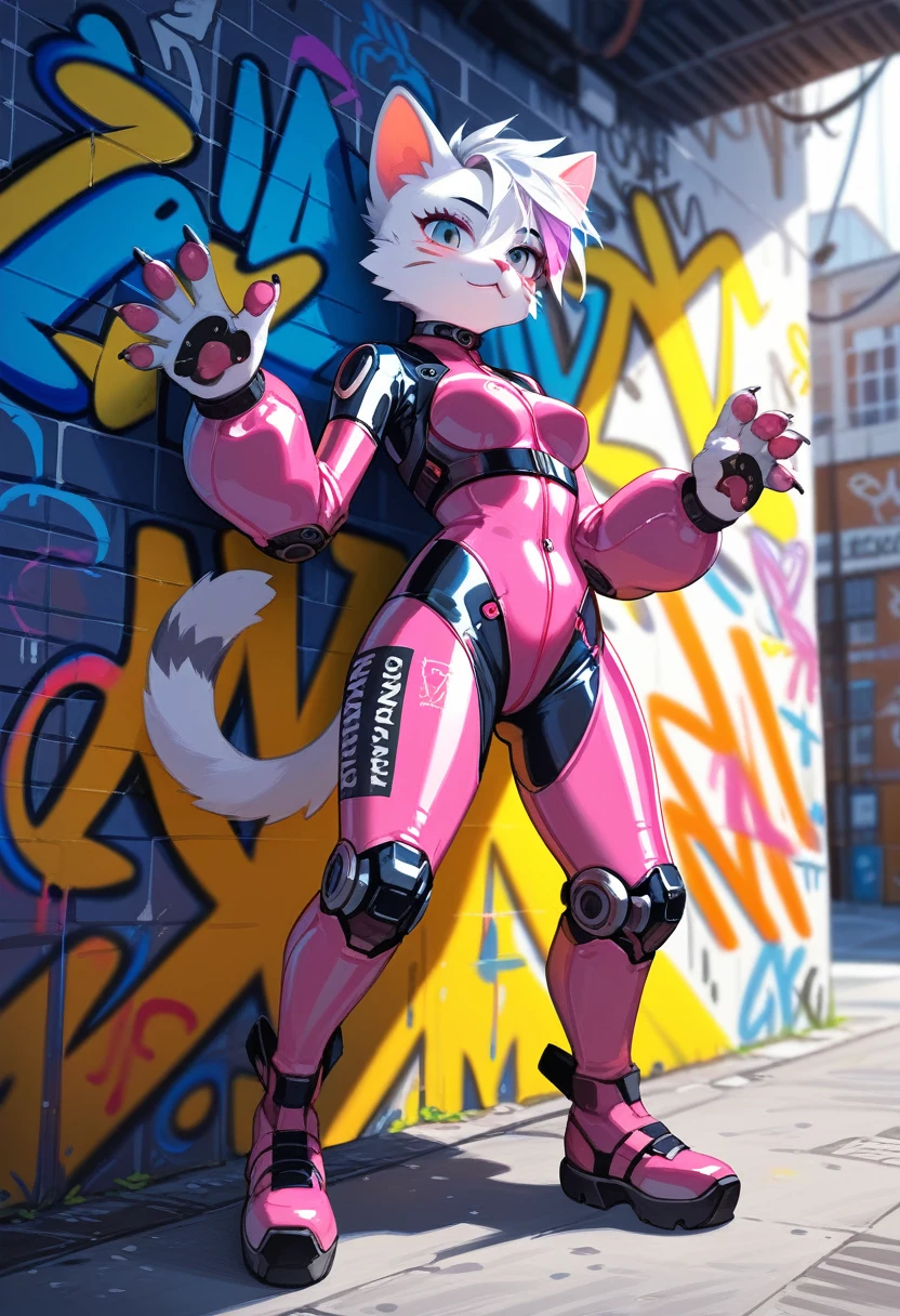 animation, Highest quality, Highest quality, High quality illustrations, masterpiece, Ultra-high resolution, Detailed Background, Alley, Graffiti art on the wall, Absurd, Perfect Anatomy, performance, Good lighting, Shadows in the movies(kemono, Furry PersonifiCation), Cat, White Skin, pink rubber suit, latex, neon, neonライト, neonカラー, Bodysuits, Cyber Suit, Mech Suit, cyber punk