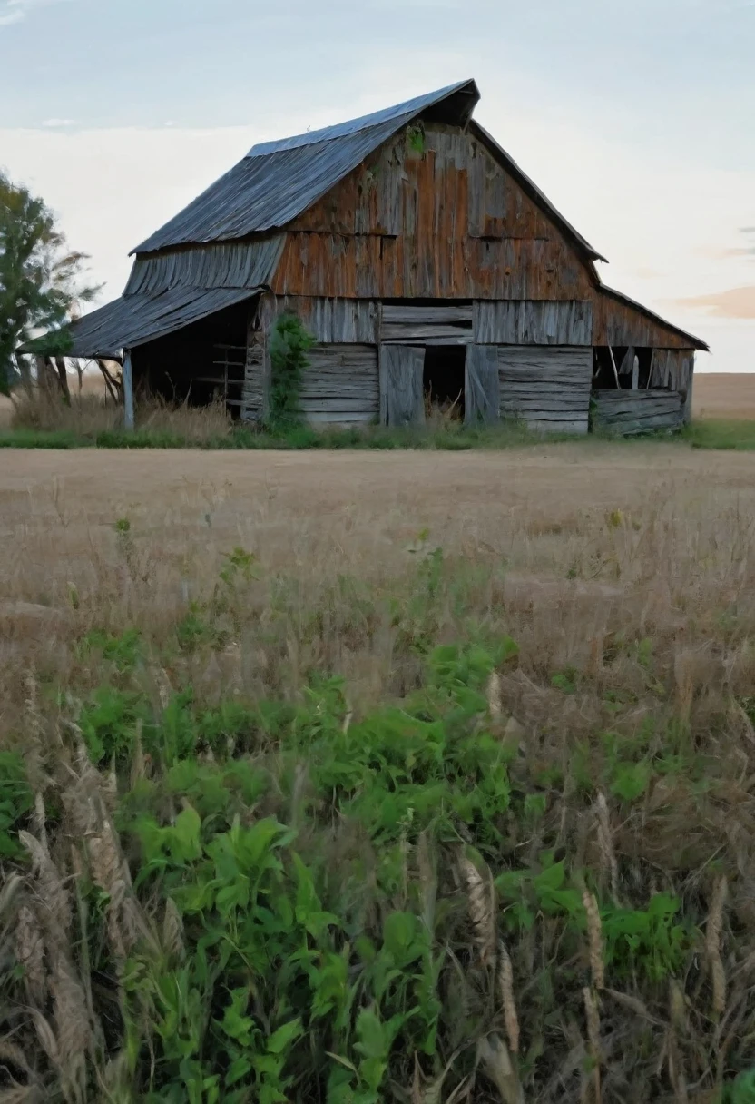  a rundown barn in an overgrown field during summer, masterpiece, 8k, ultra detailed