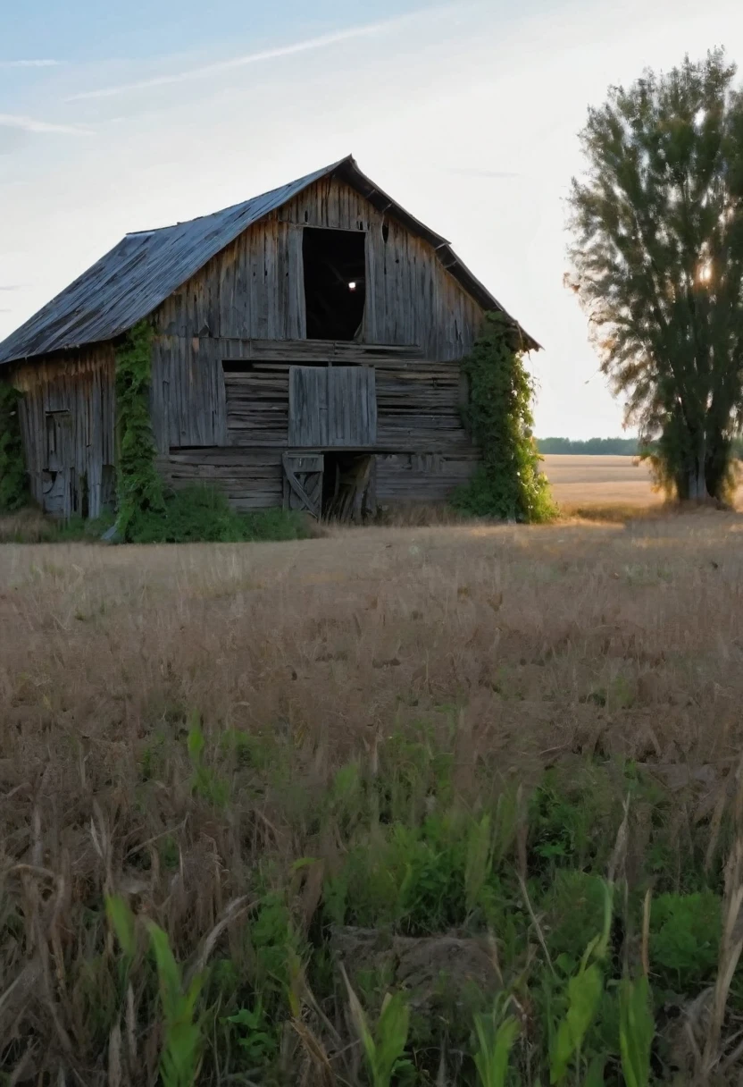 a rundown barn in an overgrown field during summer, masterpiece, 8k, ultra detailed