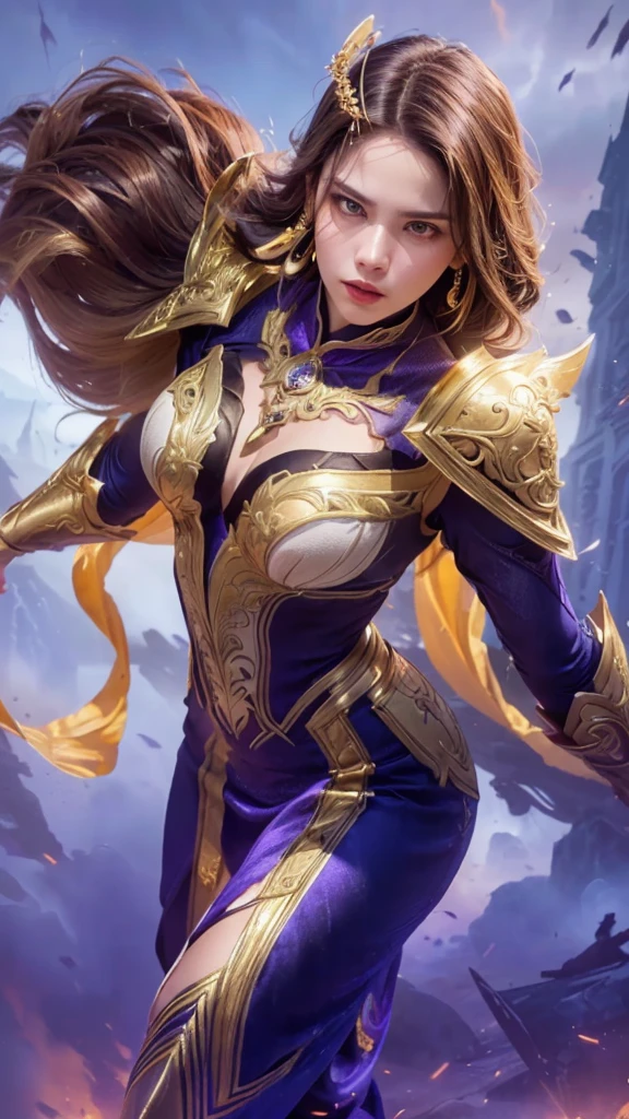 a woman in a purple and gold outfit holding a sword, portrait of modern darna, female protagonist, detailed facial features, high definition, realistic, cinematic lighting, dramatic pose, dynamic action, fantasy, digital art, concept art, 8k, detailed ornate dress, flowing fabrics, intense gaze, powerful presence, dynamic composition, dramatic lighting, atmospheric background