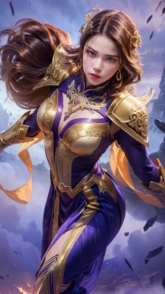 a woman in a purple and gold outfit holding a sword, portrait of modern darna, female protagonist, detailed facial features, high definition, realistic, cinematic lighting, dramatic pose, dynamic action, fantasy, digital art, concept art, 8k, detailed ornate dress, flowing fabrics, intense gaze, powerful presence, dynamic composition, dramatic lighting, atmospheric background