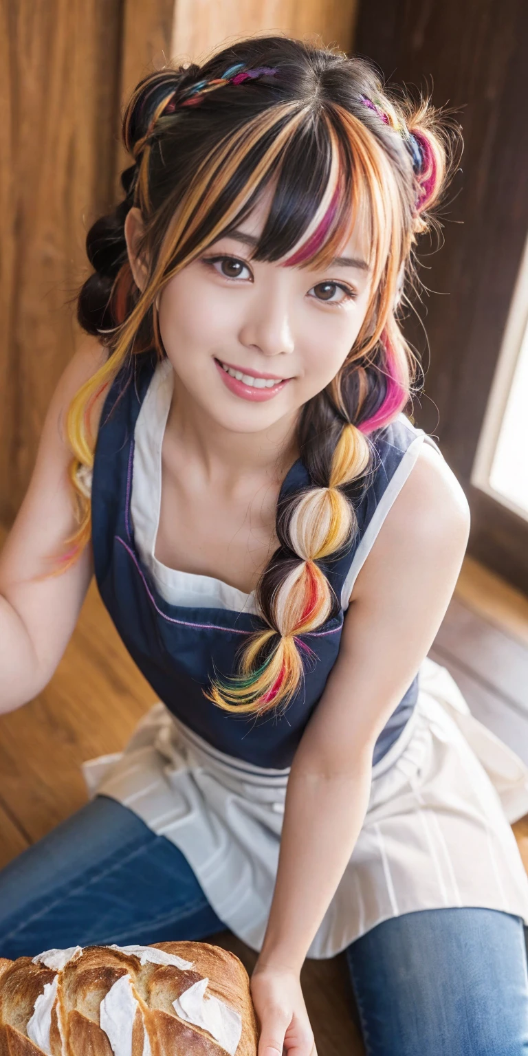 Fluid organization:1.6), 本当に野生の髪を持つ一人のbeautiful女の子, (Colorful wavy hair:1.2),( Two long braids:1.2), (Long wild hair:1.2), (Multicolored Hair: 1.9),可愛いsmile
パン屋販売スタッフ、(((Low - Angle:1.4)))、((One hand raised))、((She is wearing a colorful and pop blouse and apron.)),(;have big bread))、(((Spread your legs:1.4)))、,(((beautiful armpits:1.2)))、High resolution、Bakery、16-year-old girl、smile、Finished as in the picture、white and beautiful skin、Focus on small breasts、((beautiful５This finger))、Bakeryの制服を着ています、最high quality、High resolution、Very detailed、masterpiece、Live Shooting:2、Genuine:2、photoGenuineistic:2、very delicate and beautiful、Fine details、Textured skin、Full Shot、、(beautiful face:2)、hot pants、Putting on makeup、Perfectly balanced legs:1.5), Looking at the camera, Angle from above, (((hot pants))), High resolution、未来のBakery、Delicious bread that women will love、Looking at the camera、smile、Finished as in the picture、、(((I have a big loaf of bread)))、(((cute smile)))、((((Eat delicious bread)))))、((I love bread))、(front focus piece:1.3), 
、Cute Apron、Rainbow Apron、Bakeryの制服を着ています、明るすぎるNatural light、Shining sunlight、最high qualityのディテール, Japanese Girls,1 girl, 8K, RAW Photos, 最high quality, Ticker:1.2, Very detailedなRAWカラー写真, Professional photos, (reality, photoGenuineisticです:1.37), (Very detailedな皮膚:1.2), 超High resolutionな, (Lenz 50mm),,絶妙にFine grain,Look at the person watching,Pretty face, Just Mile:1.05),Wide Hips,Straight hair,,Light pink inner color、 white and fine skin、(Very detailedな8K cg:1.2), (hyper Genuineistic:1.35), (photoGenuineisticです:1.45), (reality:1.4), 

(背景はBakery:1.1)、Sexy upward glance, 、Very detailed、masterpiece、最high quality、Ultra-high resolution energy A、8KのHigh resolutionにより、Transparency as shown in the photo、Fine grain、Expression of gradation、Perfect anatomical figure ,hard disk、Ticker (English) 、 Nikon Z9 80mm Lens ,、明るすぎるNatural light、Shining sunlight、、Ultra slim body、Slender model figure、beautiful姿勢、, 最high quality, 8K, RAW Photos, Confused, Award-winning portraits, shy smile, shy smile, , Delicate girl,, Digital SLR, View your viewers, Frank, Sophisticated, Thin arms, Professional Lighting, Film Grain, chromatic aberration, (Fine grainと顔:1.0), Live Shooting、(((A portrait of extreme beauty)))、((Glowing Skin))、1 girl、16 year old beautiful girl from Prague、Bright expression、((Platinum Blonde Hair))、[Big blue eyes that sparkle like jewels]、Shiny skin、silky super long Straight hair、eyeliner、beautiful前髪、Hair around the eyes、最high quality、Very detailed、Film Light、Intricate details、High resolution、Very detailed))、Detailed Background、8KUHD、Digital SLR、Soft Light、high quality、Film Grain、Fujifilm XT3 、Shallow depth of field、Natural light、(((Spread your legs:1.4)))、Pieces fly、High resolution、Bakery、16-year-old girl、smile、Finished as in the picture、white and beautiful skin、Focus on small breasts、最high quality、High resolution、Very detailed、masterpiece、Live Shooting:2、、neon hair clip,masterpiece、最high quality、
One girl,Ives Girl,beautiful照明,(((Anyone can see the D logo.:9)))