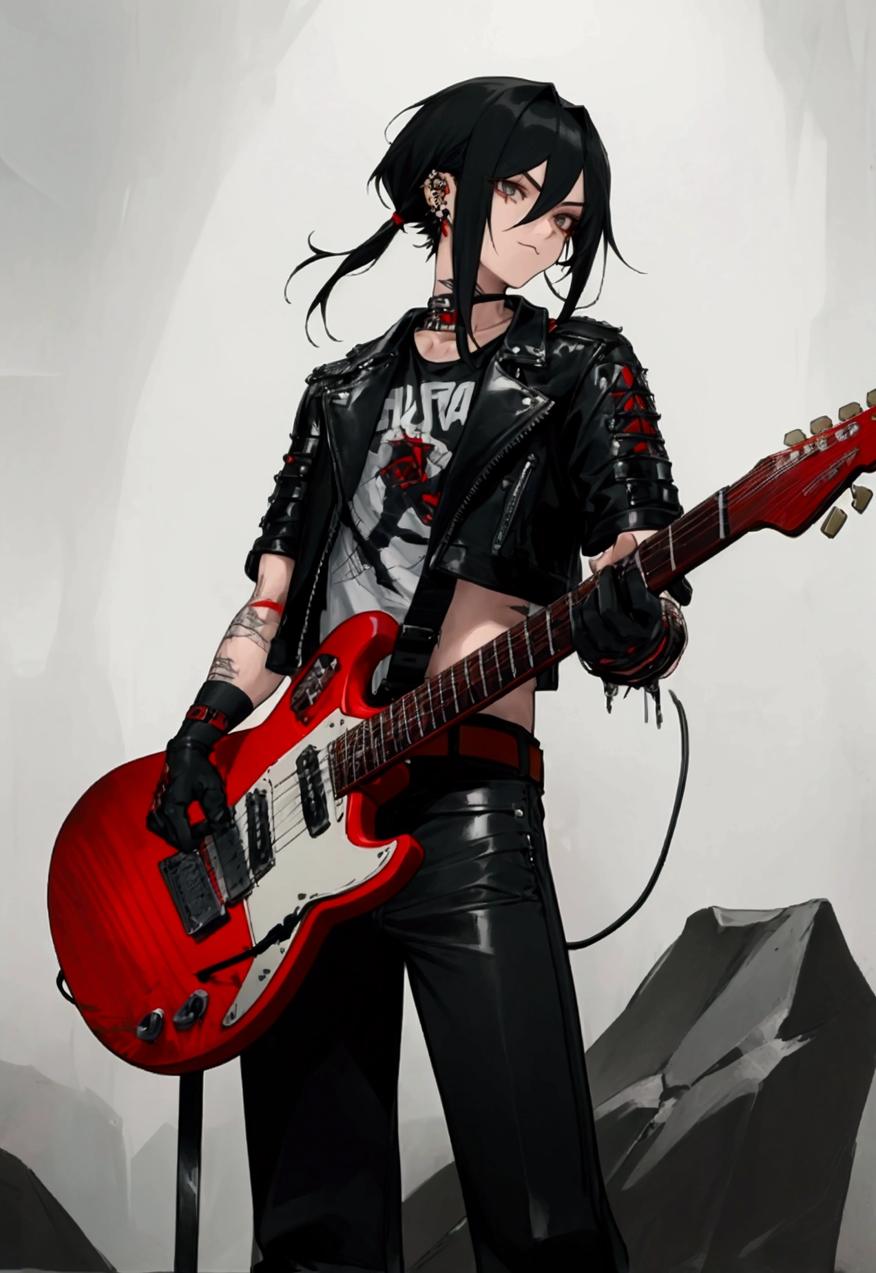 1 men, with scars on arms, alternative style, leather jacket, a rock band t-shirt, waist belt, black pants, piercings, all star, red guitar and shoulder-length black hair.