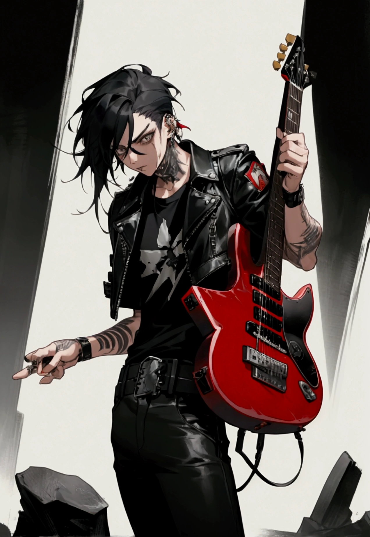 1 men, with scars on arms, alternative style, leather jacket, a rock band t-shirt, waist belt, black pants, piercings, all star, red guitar and shoulder-length black hair.