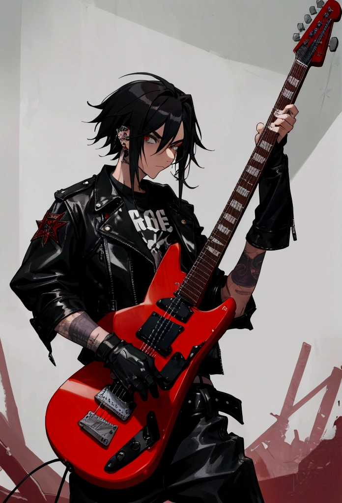 1 men, with scars on arms, alternative style, leather jacket, a rock band t-shirt, waist belt, black pants, piercings, all star, red guitar and shoulder-length black hair.