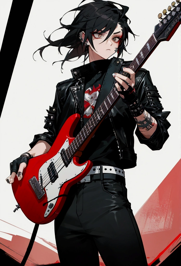 1 men, with scars on arms, alternative style, leather jacket, a rock band t-shirt, waist belt, black pants, piercings, all star, red guitar and shoulder-length black hair.
