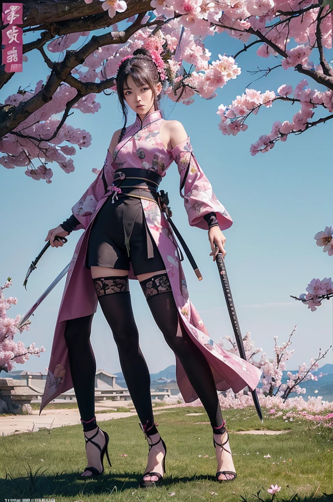 ultra high resolution,((masterpiece))),(((best quality))),((super detailed)),((extremely delicate and beautiful)),(wide shot, wide-angle lens,Panoramic:1.2),super vista,super wide Angle,Low Angle shooting,super wide lens,highly detailed,(masterpiece, top quality, best quality, official art, beautiful and aesthetic:1.2),(fractal art:1.2),
xuer ai yazawa style girl,1girl,solo,holding weapon,katana,floral print,looking at viewer,fighting stance,eastern dragon,braid,floral print,Ink,ink splatter,
(disgust:1.3),(full body:1.4),A shot with tension,(sky glows light magenta,Visual impact,giving the poster a dynamic and visually striking appearance:1.2),Chinese Zen style,impactful picture,