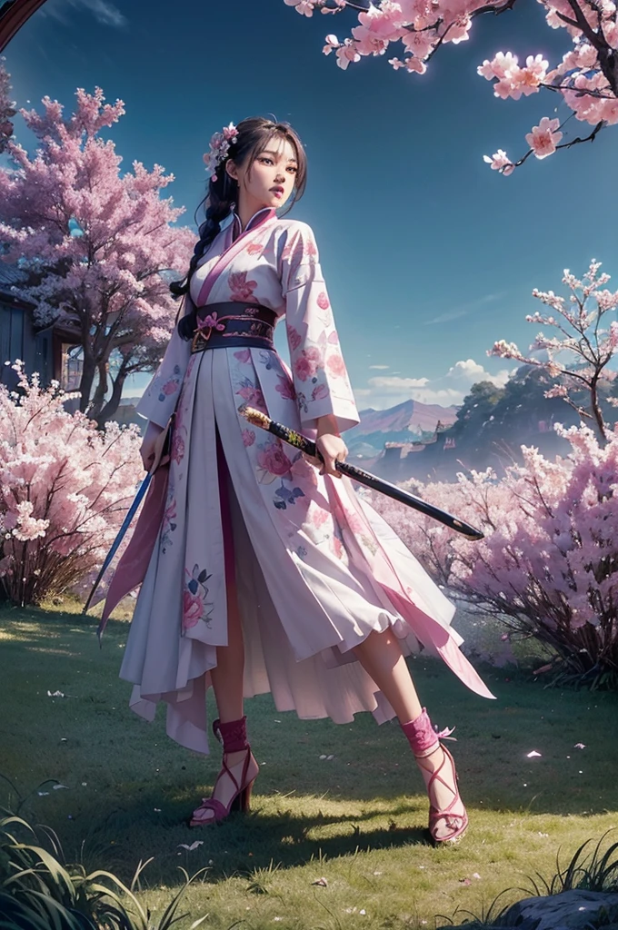ultra high resolution,((masterpiece))),(((best quality))),((super detailed)),((extremely delicate and beautiful)),(wide shot, wide-angle lens,Panoramic:1.2),super vista,super wide Angle,Low Angle shooting,super wide lens,highly detailed,(masterpiece, top quality, best quality, official art, beautiful and aesthetic:1.2),(fractal art:1.2),
xuer ai yazawa style girl,1girl,solo,holding weapon,katana,floral print,looking at viewer,fighting stance,eastern dragon,braid,floral print,Ink,ink splatter,
(disgust:1.3),(full body:1.4),A shot with tension,(sky glows light magenta,Visual impact,giving the poster a dynamic and visually striking appearance:1.2),Chinese Zen style,impactful picture,
