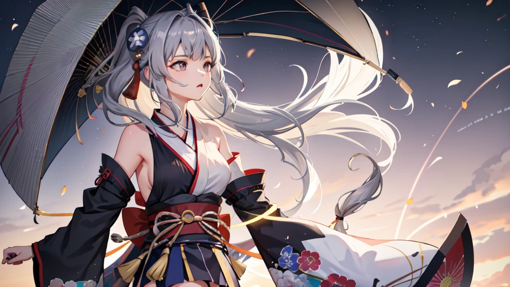 One girl, kimono, ponytail ,Gray Hair, Grey Eyes, wallpaper, landscape, Depth of written boundary, night,Shinsengumi, Kyoto, Striped pattern, Particles of light, light, Side Lighting, Thighs, destiny \(series\), Genshin Impact, Open jacket, skirt, Knee socks, cloud,