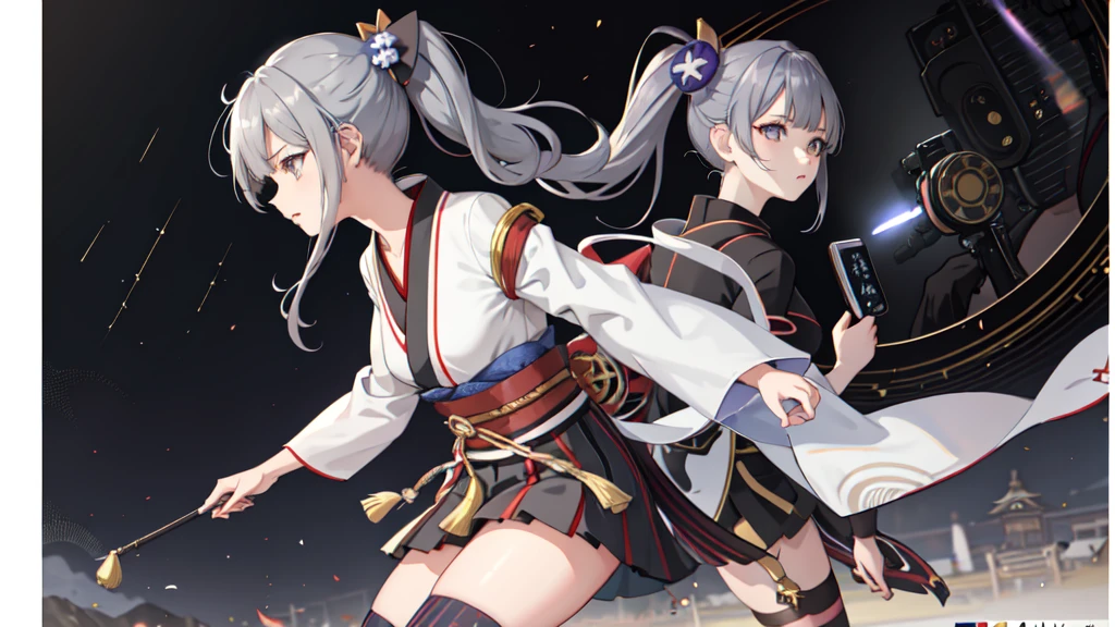 One girl, kimono, ponytail ,Gray Hair, Grey Eyes, wallpaper, landscape, Depth of written boundary, night,Shinsengumi, Kyoto, Striped pattern, Particles of light, light, Side Lighting, Thighs, destiny \(series\), Genshin Impact, Open jacket, skirt, Knee socks, cloud,