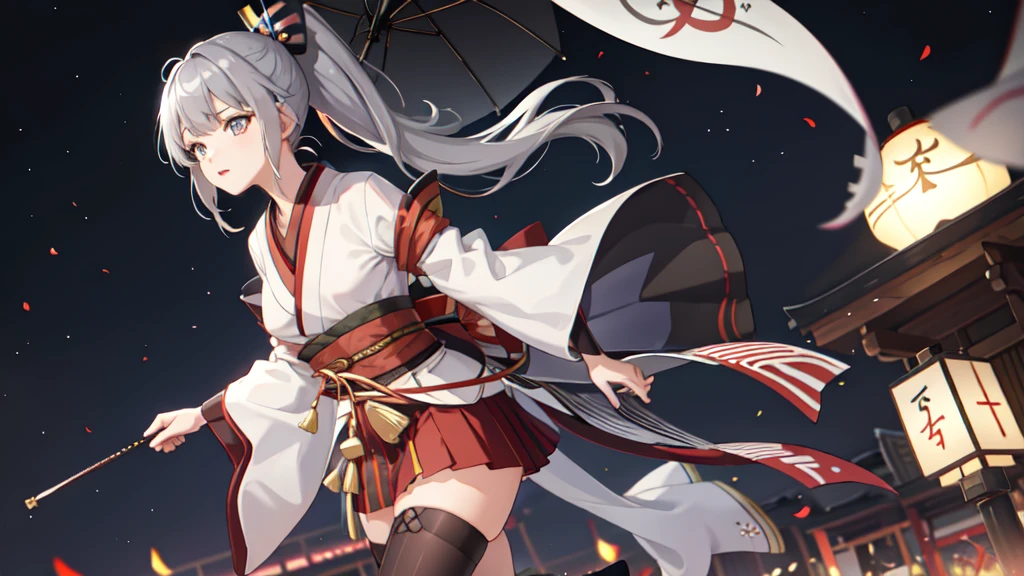 One girl, kimono, ponytail ,Gray Hair, Grey Eyes, wallpaper, landscape, Depth of written boundary, night,Shinsengumi, Kyoto, Striped pattern, Particles of light, light, Side Lighting, Thighs, destiny \(series\), Genshin Impact, Open jacket, skirt, Knee socks, cloud,