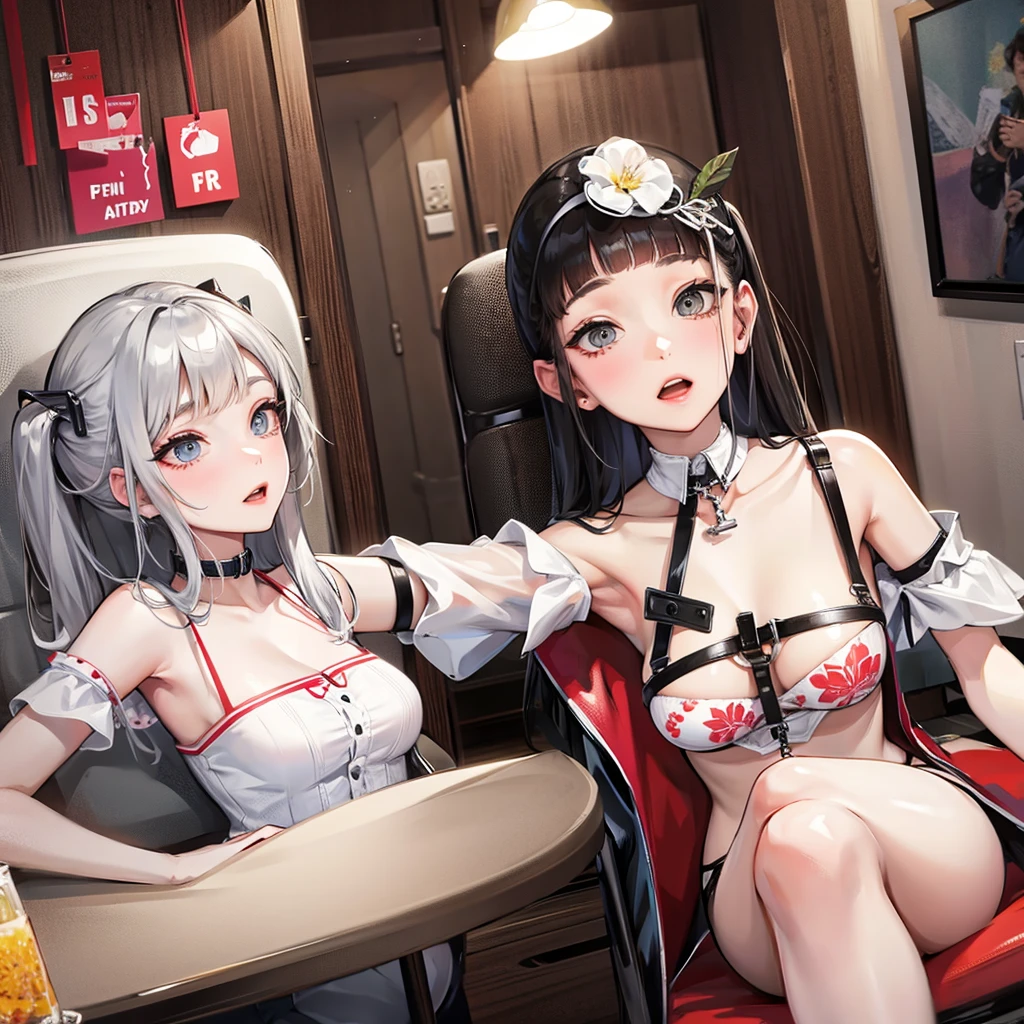 4K, 16k, 32K, 64k, 128k, 256k, 512k,grabbing breast，high-heels，Hanfu，long  white hair, Japanese clothes, Bare shoulders, white thighhighs, Hair ribbon, Large breasts, forest, standing,2 girls，tongue kissing，Breast-to-breast contact，Fantastic, magic, Light rays, Ray traching, post-proces, eyeslashes, (eye shadows), eyes liner, mascara, Makeup, Yuri, (Thighs:0.8) NSFW, Dynamic Angle(Large breasts