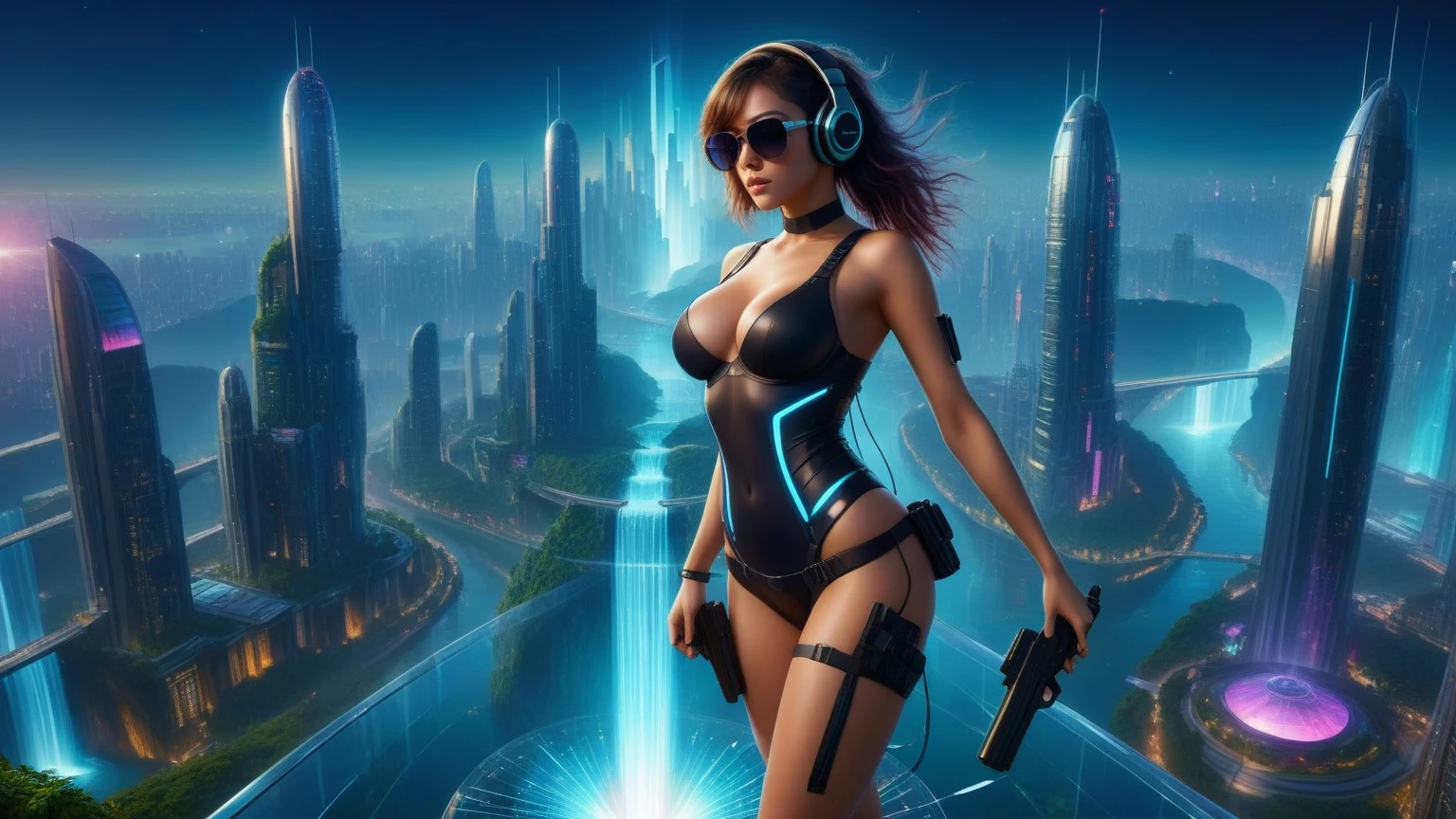 At night, dark sky, distant shot aerial view of fantasy cyberpunk style ice ((Moai-statue)) city, ((flying car)). ((1girl, solo, alone)), medium-breast:1.1 slim body, cleavage, sexy clothes, (headphone, black sunglasses, long black realistic hair), (((hip-up standing and holding pistol))), (((((half-body thigh level medium shot))))), cinematic lighting, lens flare, ray tracing.