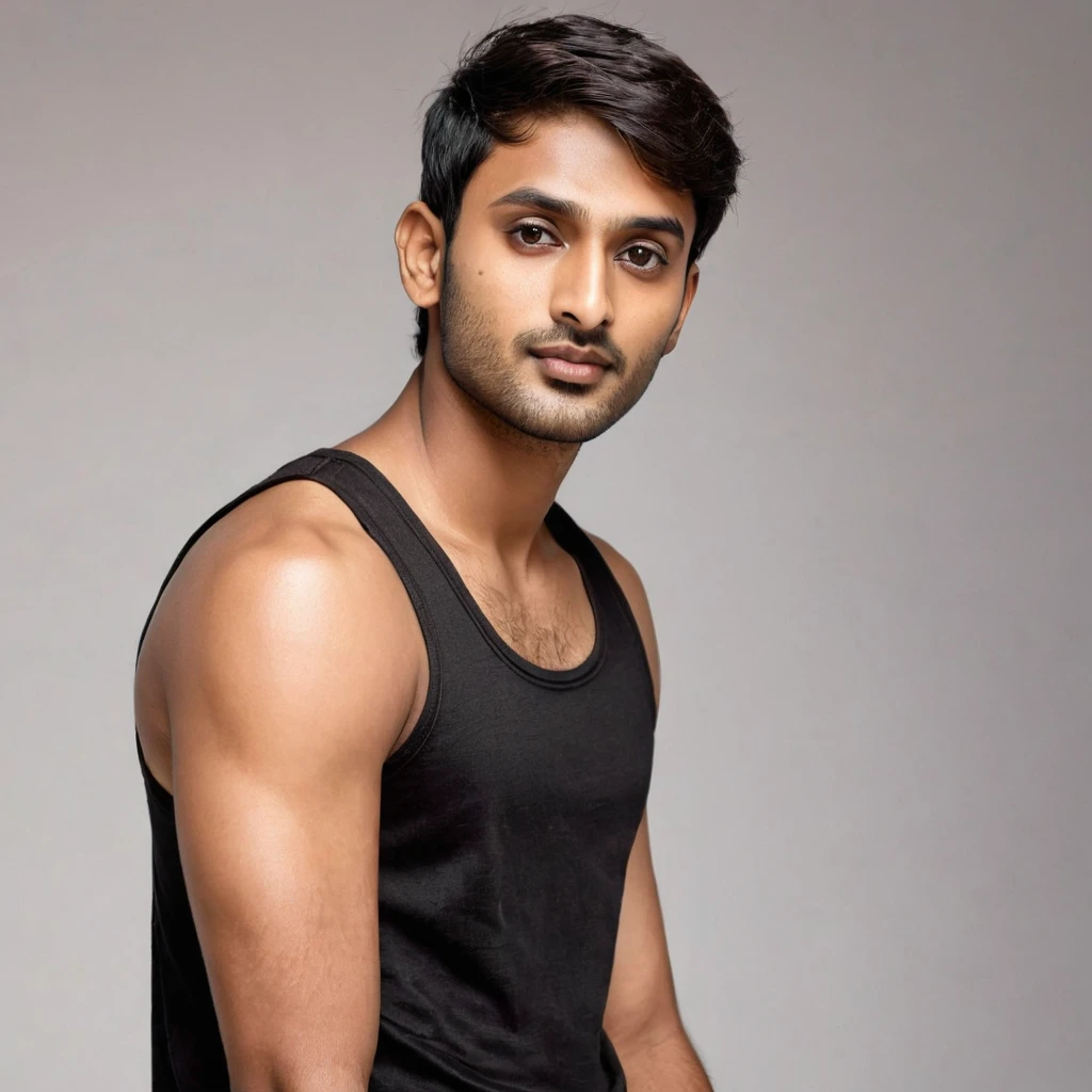 A photorealistic portrait of a 28-year-old Indian man with short hairs brown eyes, a super model jawline, wheatish skin tone with dark brown highlights, dressed in a black tank top and shorts front facing, on a white background.