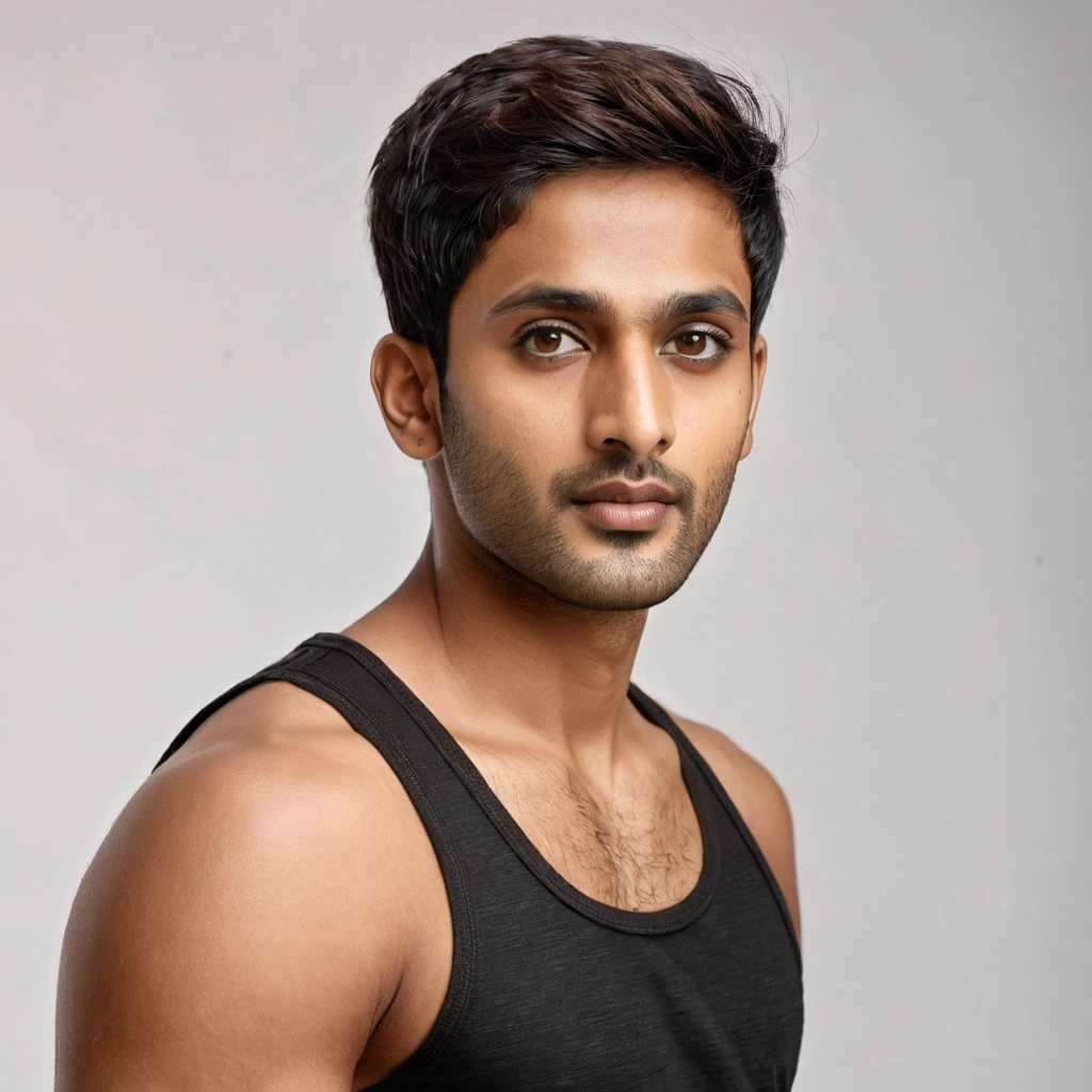 A photorealistic portrait of a 28-year-old Indian man with short hairs brown eyes, a super model jawline, wheatish skin tone with dark brown highlights, dressed in a black tank top and shorts front facing, on a white background.