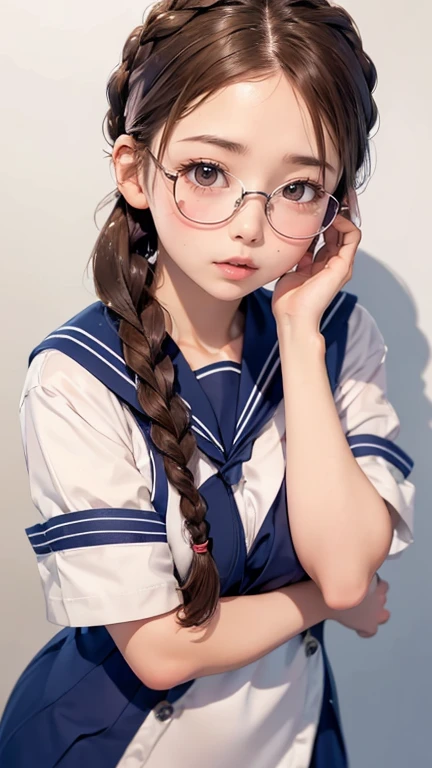 1 Female,Brown Hair, ,((Anxious expression)),Beautiful breasts、Navy blue sailor suit、Stylish,,(Look forward)(((Blushing、Surprised expression)),(((Braid))),((( Full body portrait)))Frameless Glasses