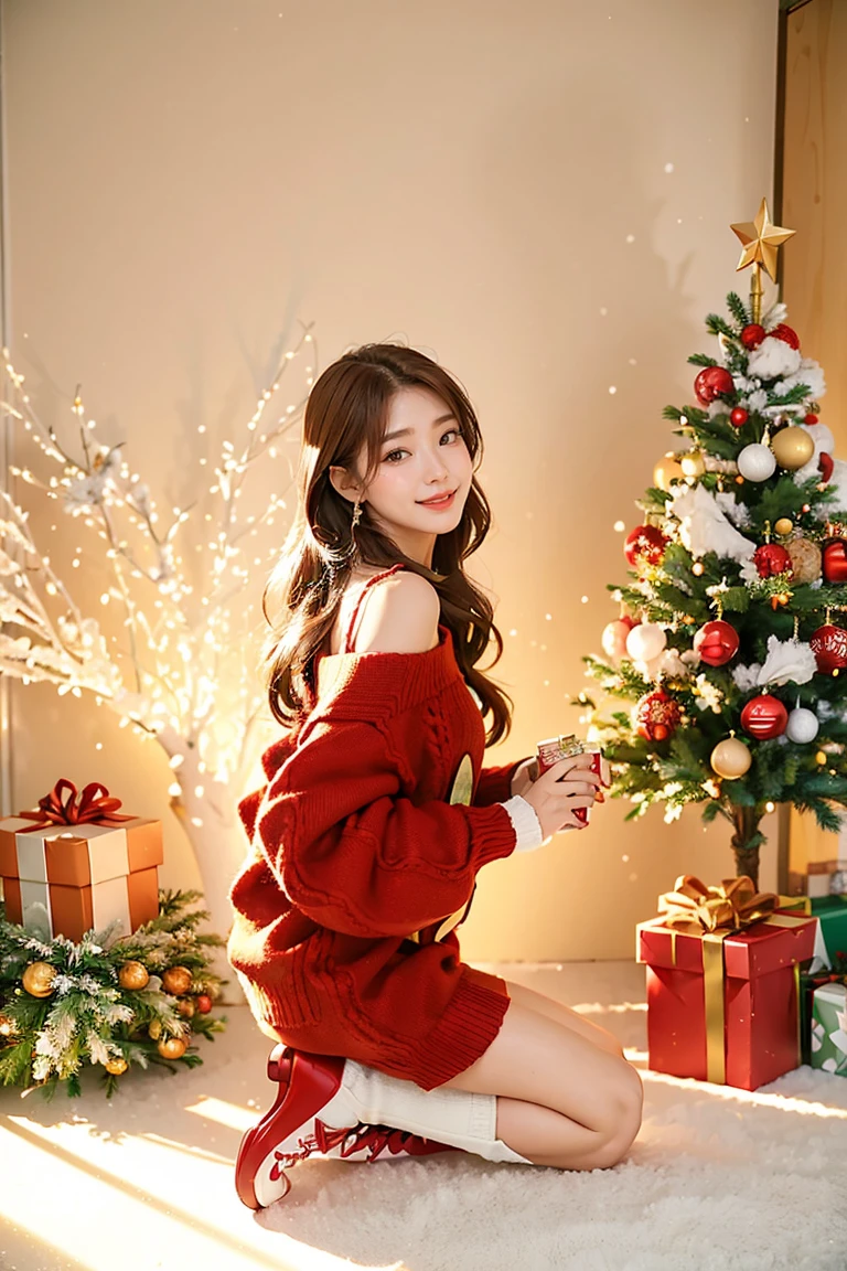 girl,Christmas tree,Brown Hair,Christmasの飾り,gift,Kneel,Long white hair,Brown eyes,Christmas,box,gift boxes,sweater,Red Shoes,smile,Sleeves are longer than the wrist,bs shoulder,Christmas lights,From one side,From one side,Looking into the distance