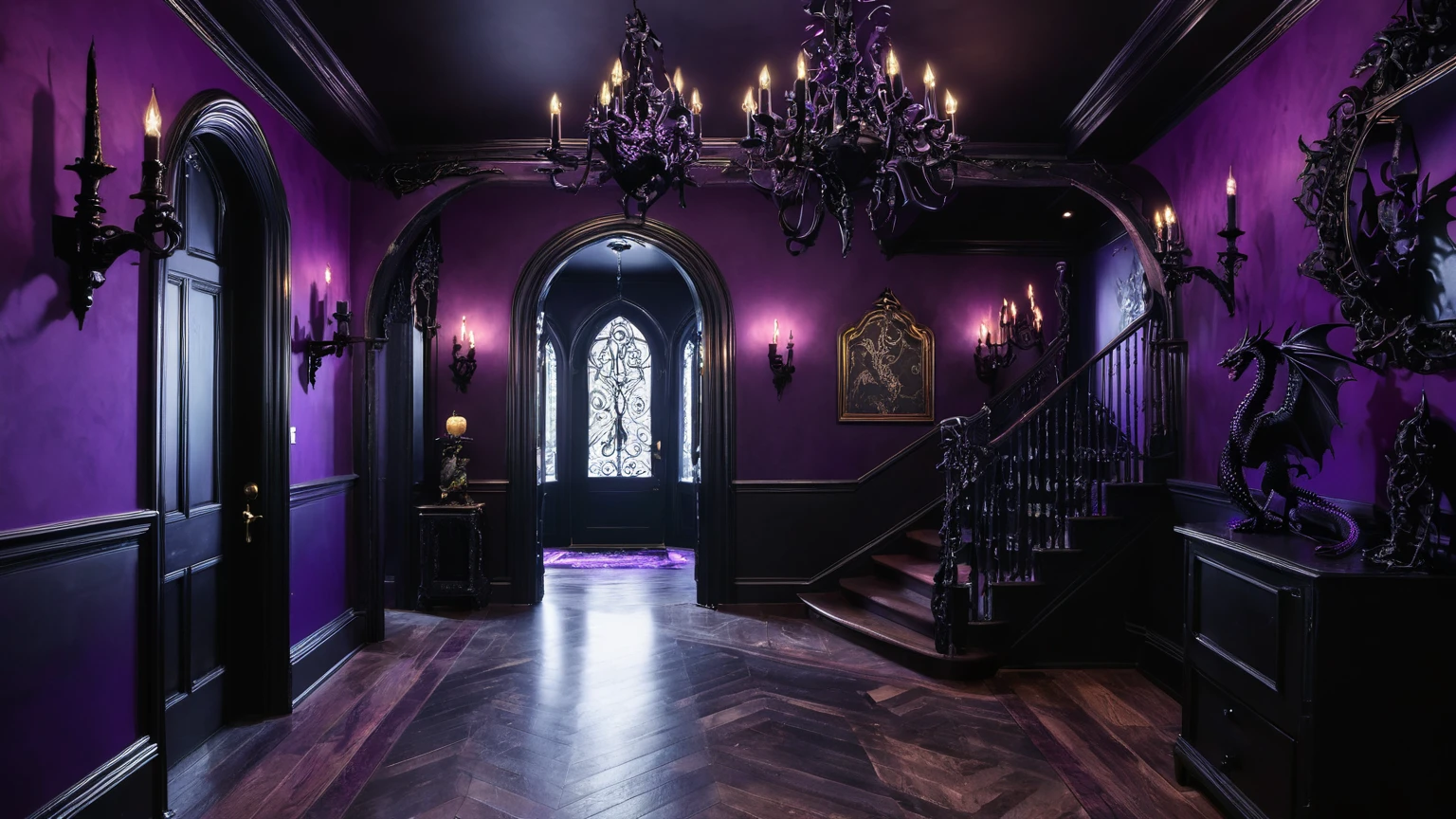interior of a gothic themed traditional hallway with purple & black walls, dragon décor, black chandelier, haunted house, spooky, night time, midnight, background