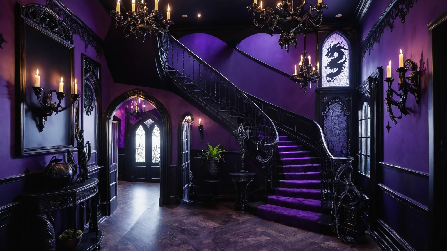 interior of a gothic themed traditional hallway with purple & black walls, dragon décor, black chandelier, haunted house, spooky, night time, midnight, background