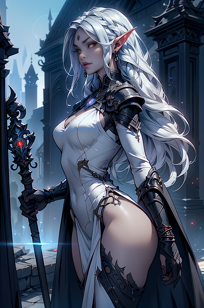 (rear view, backside view),1girl, sexy drow, elfa de peito grande morena skin, pale silver long elaborate braids, ((red eyes)), jewels, elf ears, earrings, ((white sorceress sexy dress)), ((wields staff)), ((cast light magic)), on a roof of scyscraper, athletic, volumetric lighting, best quality, masterpiece, realistic, anatomically correct, (strong cinematic lighting), stunning details, intricate details, 8k post-production, High resolution, super details, trending on ArtStation, sharp focus, depth of field f/1.8, studio photos, (((looking at camera))), ,(Fondo de ruinas de mazmorra en ruinas:1.4 ), (Detalles de la cara: 1.5, ojos azules brillantes, hermoso rostro, ojos bonitos, Contorno del iris, labios delgados: 1.5, Thin, sharp pale eyebrows, Long, dark eyelashes, double tabs),(Obra maestra: 1.4), (8K, realista, foto cruda, La mejor calidad: 1.4),manos perfectas: 1.5