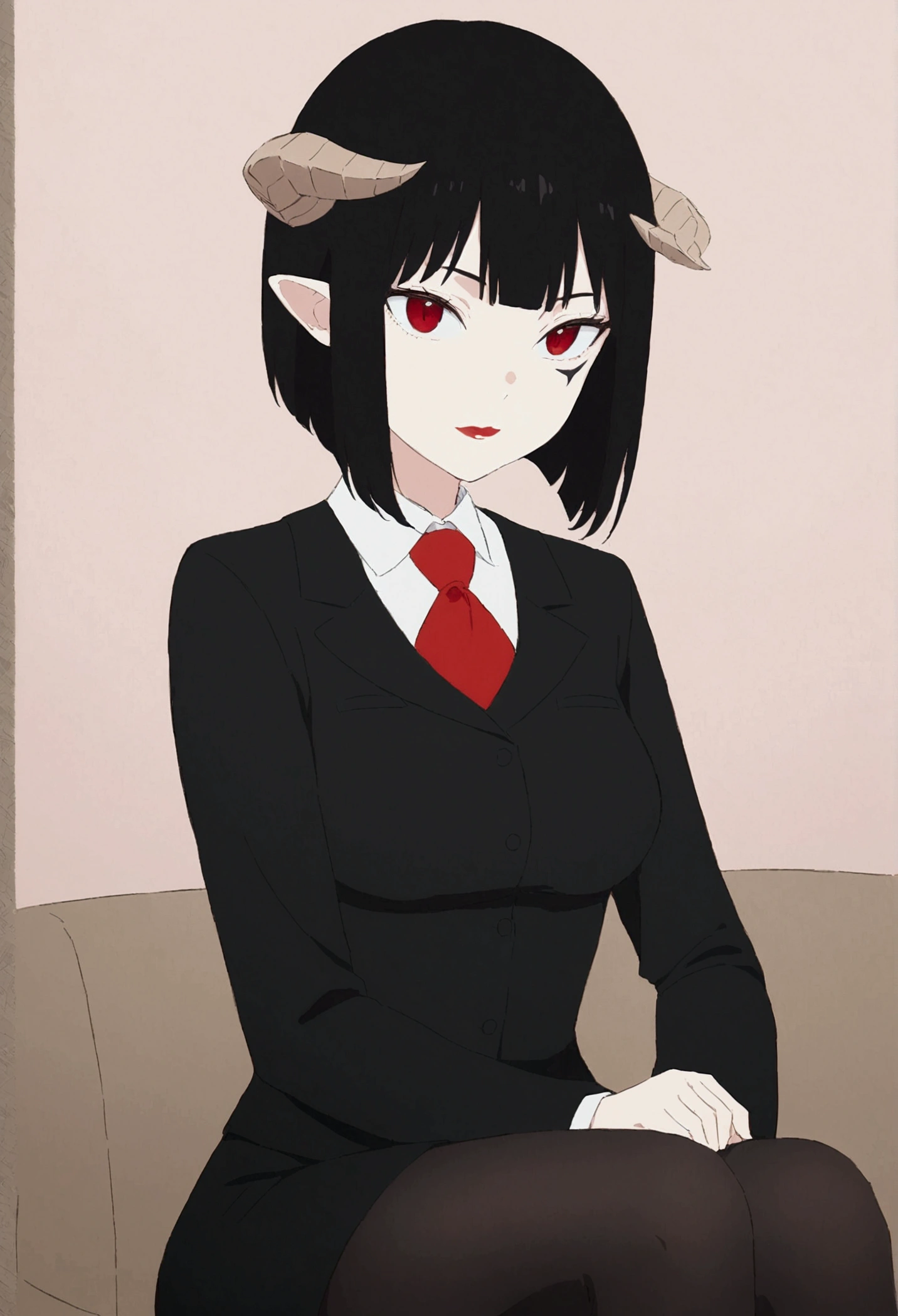 work of art, best qualityer, ultra detali, illustration, colorfully, flat colour, Depth of field, 1 girl, sitting down, Bblack hair, horns on head, Eyes red, , gazing at viewer, in the office, black business dress, pantyhose, black pantyhose, Detailed texture skin, detailed cloth texture, beautifull detailed face
