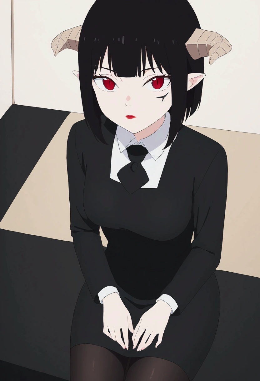 work of art, best qualityer, ultra detali, illustration, colorfully, flat colour, Depth of field, 1 girl, sitting down, Bblack hair, horns on head, Eyes red, , gazing at viewer, in the office, black business dress, pantyhose, black pantyhose, Detailed texture skin, detailed cloth texture, beautifull detailed face
