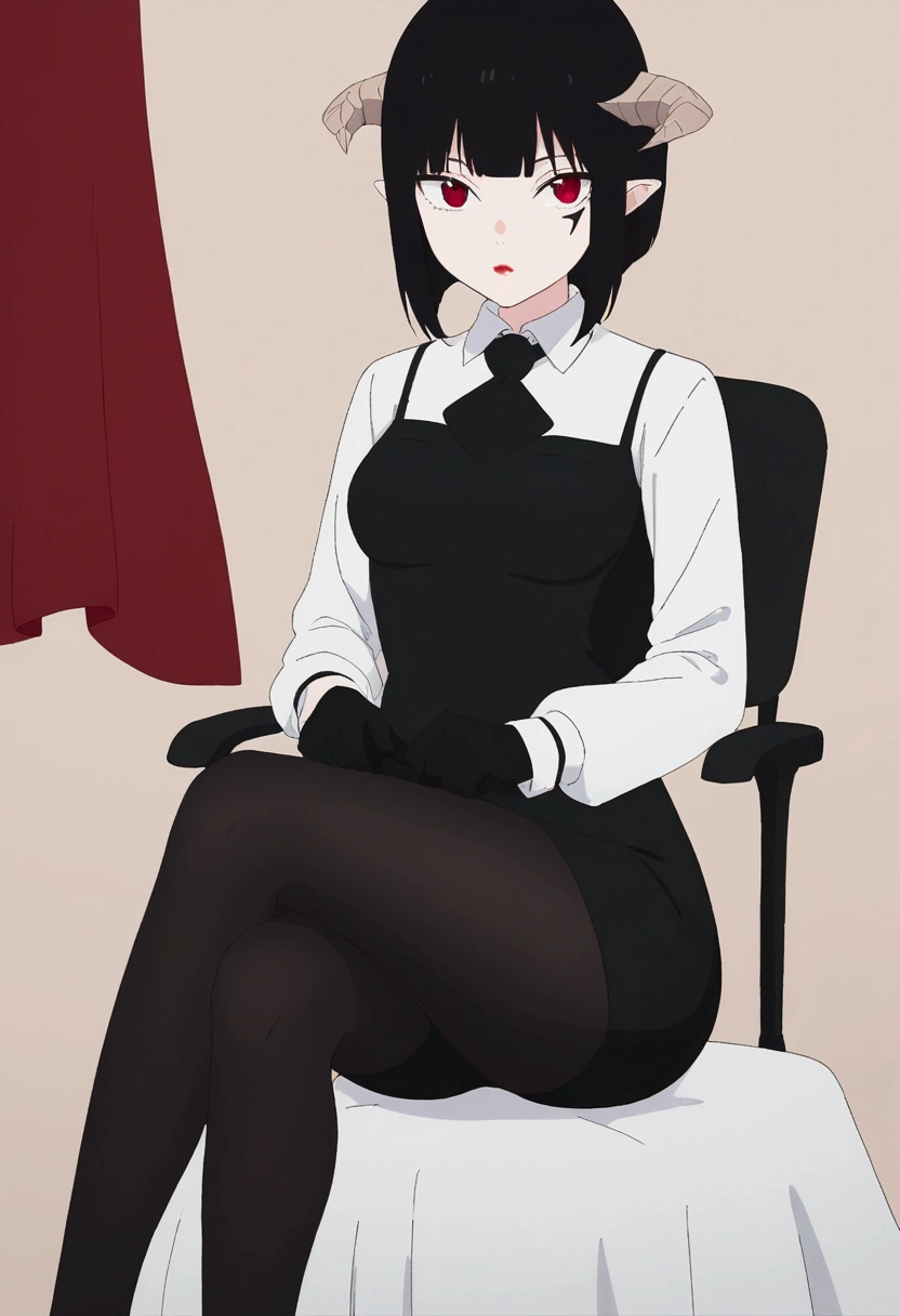 work of art, best qualityer, ultra detali, illustration, colorfully, flat colour, Depth of field, 1 girl, sitting down, Bblack hair, horns on head, Eyes red, , gazing at viewer, in the office, black business dress, pantyhose, black pantyhose, Detailed texture skin, detailed cloth texture, beautifull detailed face
