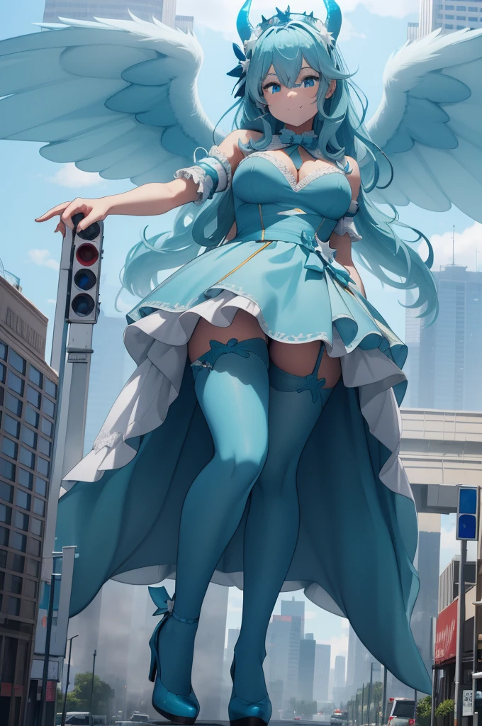 1girl, magical girl, panties,skirtlift,((upskirt)),((pantyshot)),(white panty),((Small panties)),(((black pantyhose))),white race panty, large breasts, thick thighs, blue hair, medium hair, air intakes, green eyes, white shirt, bare shoulders, blue bowtie, black corset, white gloves, elbow gloves, blue skirt, pleated skirt, white thighhighs, energy wings, white wings, humid, sweat, parted lips, blush, from below, looking ahead, motion blur, (fighting, jumping), full body, building, (gleaming skin), extremely detailed night city background,Are crying,Anguished expression、Embarrassed look,8k,Realistic、Anime illustration,CG