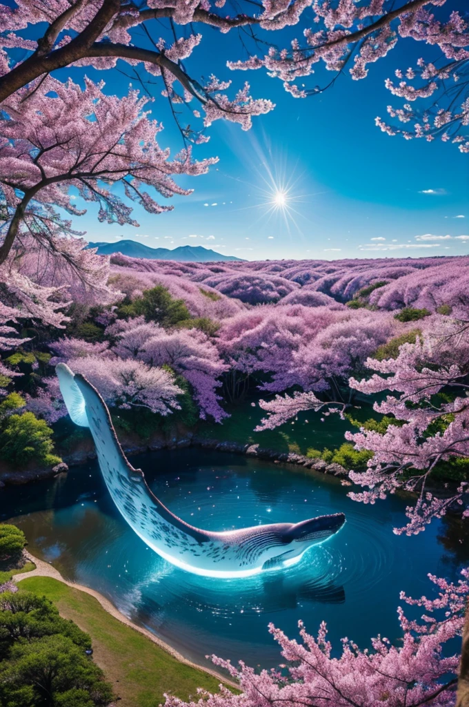 In the realm of whimsical fantasy, a majestic and translucent Whale takes to the skies, defying the very laws of nature. Its colossal form glows with a luminescent radiance, each fluid curve and wrinkle captured in exquisite detail in this high-resolution image. Cherry blossoms drift gently through the air around it, their delicate petals unfurling and cascading like rain, falling freely from the branches of ethereal trees that cling tensely to the wondrous behemoth's humongous body. The fantasy landscape that surrounds this aerial spectacle is alive with vibrant colors, as if illuminated by