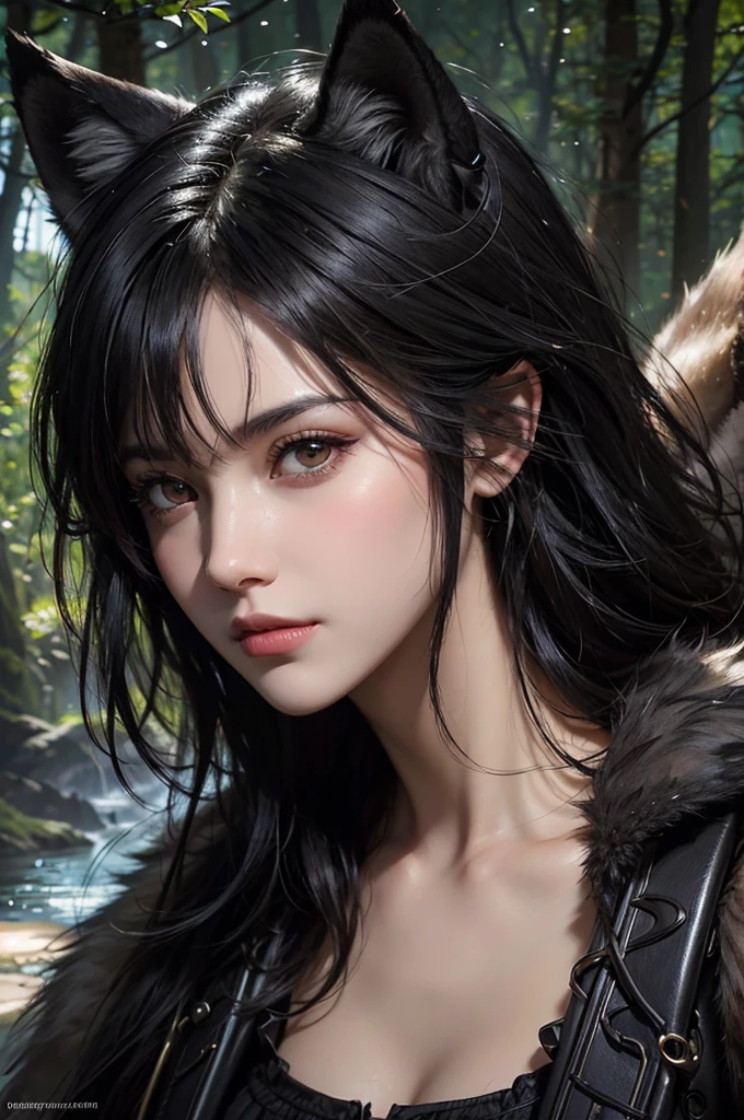 wolf, animal, black hair, shord hair, path, wilderness, masterpiece, light, expert, insanely detailed, 4k resolution, sharp, closeup portrait
splash art, digital art, concept art, john william waterhouse, vibrant, cheerful