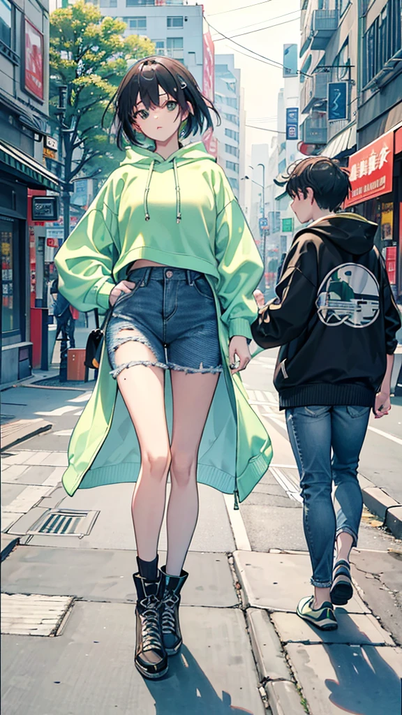 A young woman wore a light green hoodie with Chinese characters in the center. Walking on the city streets, the surrounding area has shop buildings and parked motorcycles. There was another woman in the background wearing a black hoodie and jeans. In the background, there are still large trees and people walking by. The weather seemed to be cool because everyone was wearing sweaters.