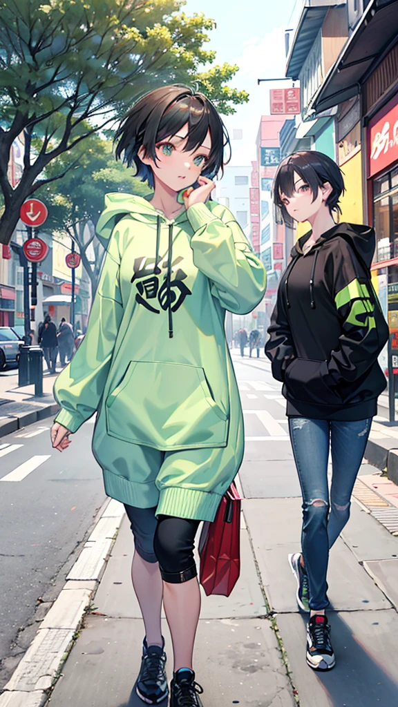 A young woman wore a light green hoodie with Chinese characters in the center. Walking on the city streets, the surrounding area has shop buildings and parked motorcycles. There was another woman in the background wearing a black hoodie and jeans. In the background, there are still large trees and people walking by. The weather seemed to be cool because everyone was wearing sweaters.