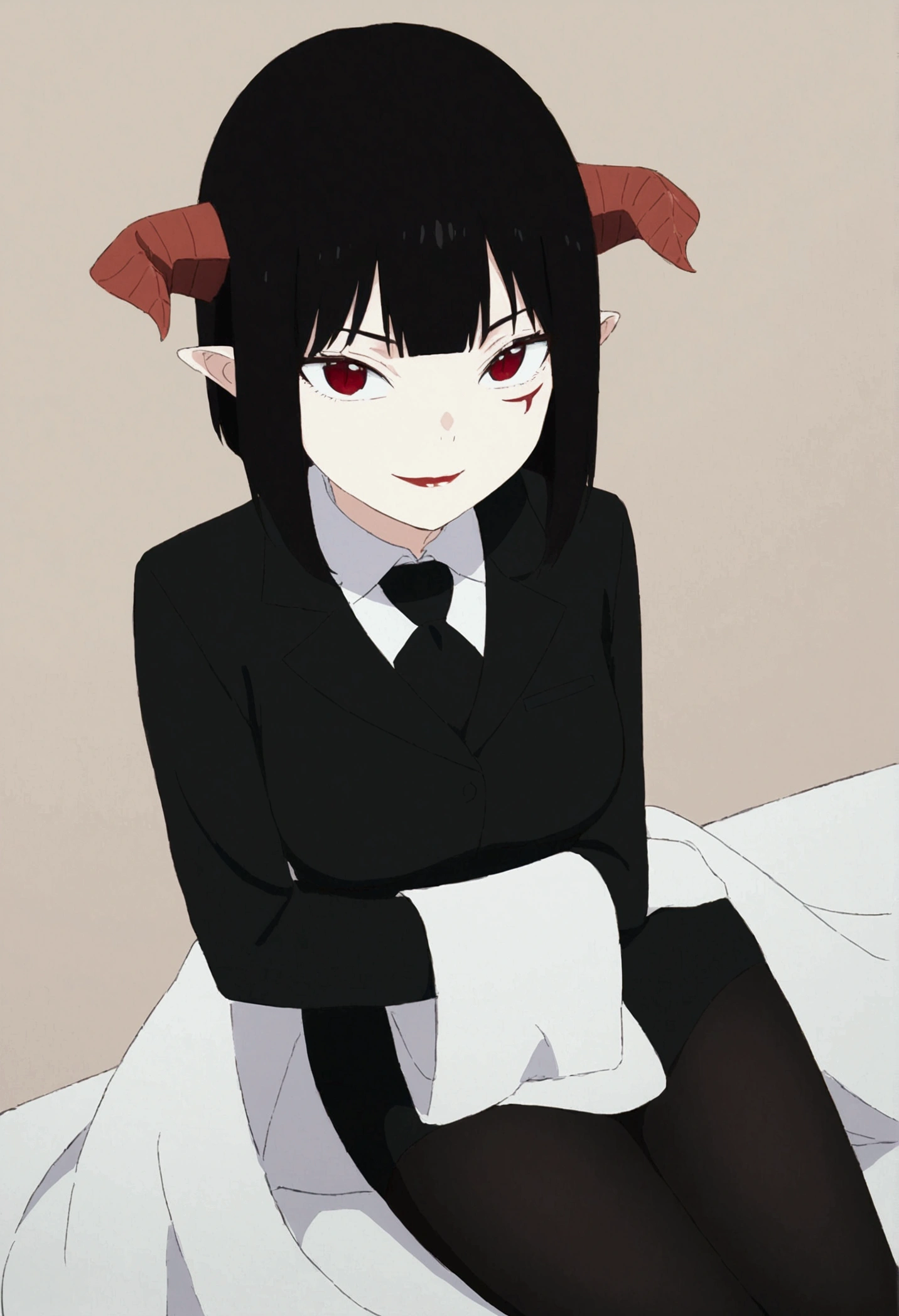work of art, best qualityer, ultra detali, illustration, colorfully, flat colour, Depth of field, 1 girl, sitting down, Bblack hair, horns on head, Eyes red, , gazing at viewer, in the office, black business dress, pantyhose, black pantyhose, Detailed texture skin, detailed cloth texture, beautifull detailed face,Grinning,face red