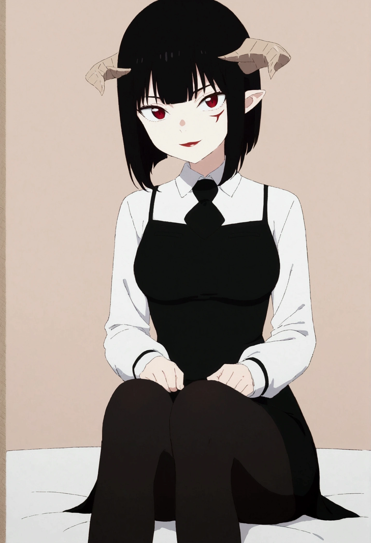 work of art, best qualityer, ultra detali, illustration, colorfully, flat colour, Depth of field, 1 girl, sitting down, Bblack hair, horns on head, Eyes red, , gazing at viewer, in the office, black business dress, pantyhose, black pantyhose, Detailed texture skin, detailed cloth texture, beautifull detailed face,Grinning,face red
