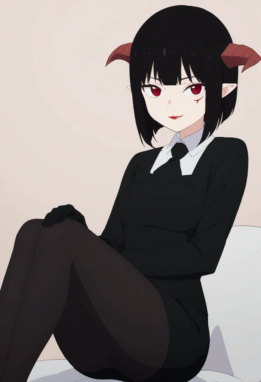 work of art, best qualityer, ultra detali, illustration, colorfully, flat colour, Depth of field, 1 girl, sitting down, Bblack hair, horns on head, Eyes red, , gazing at viewer, in the office, black business dress, pantyhose, black pantyhose, Detailed texture skin, detailed cloth texture, beautifull detailed face,Grinning,face red
