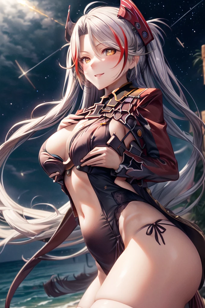 ((PrinzV4:1.5)),((独奏, 1girl)) ((masterpiece,Highest quality,Highly detailed images,Beautiful images、Realistic、Dutch Angle)),(Image from an up-angle view)、 (Bright lighting overall、Backlight、A fantastic atmosphere、Thick Fog、Dust flutters),(Dynamic pose. large breasts, Charming smile), ((Mysterious night sky、shooting star、Stars Shining、Ocean)).((sideboob)).((Image from chest up:1.5))