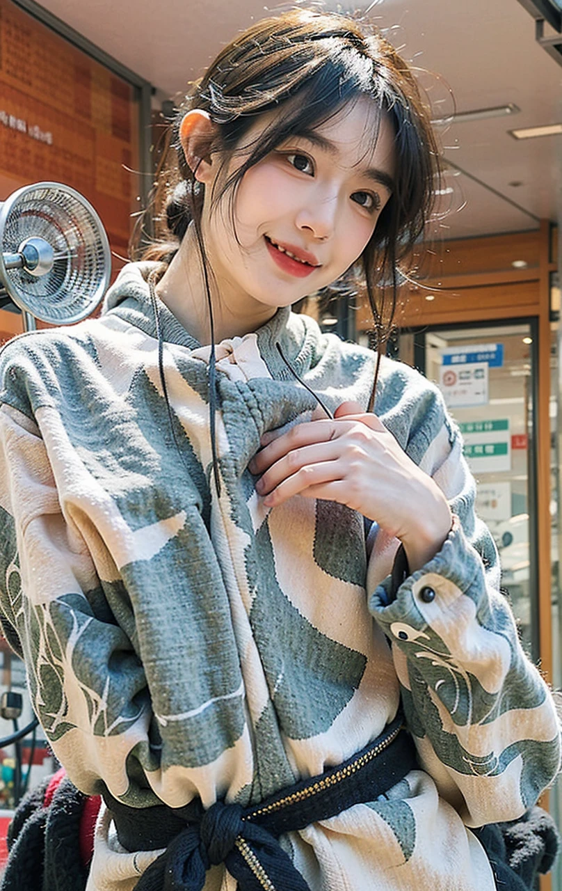 Please give me a super realistic full body depiction of an Asian woman。She has long, silky black hair、Standing in the city、With a warm smile。The soft sunlight illuminates her flawless, glowing skin.、A symmetrical and beautiful face stands out。With attractive eyes and a delicate smile、Wearing elegant black clothes。The background is a bustling cityscape、Her serene presence contrasts sharply with the dynamic urban environment.、Please pursue the realism so that it is indistinguishable from the real thing。