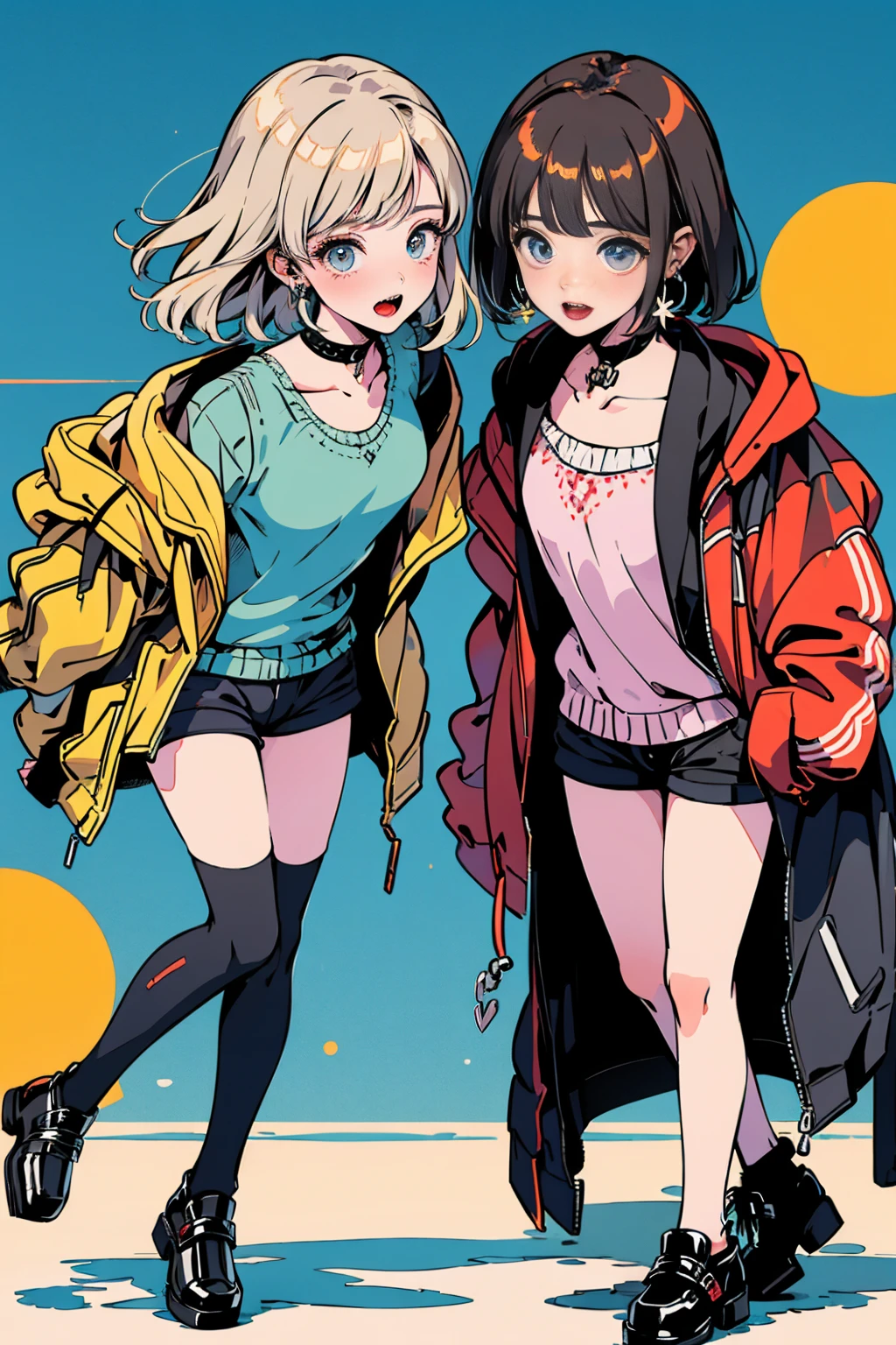 (masterpiece:1.2), Highest quality,Pixiv,Surprised girl,Portraiture,Tank top、16 years old、Immediately after intense sex、Ecstasy、((((Midsummer clothes、Full body portrait))))、Shorts、Pop Art