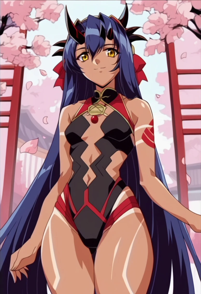 (score_9,score_8_superior,score_7_superior),sauce_anime,
1 Girl,Melusine,Fate Grand Order,alone,View your viewers,smile,Small breasts,Blue Hair,Hair between the eyes,Yellow Eyes,bangs,Long Hair,Dragon Horn,cherry blossoms,I am tanned,Dark Skin,Sunburn,Thick thighs,