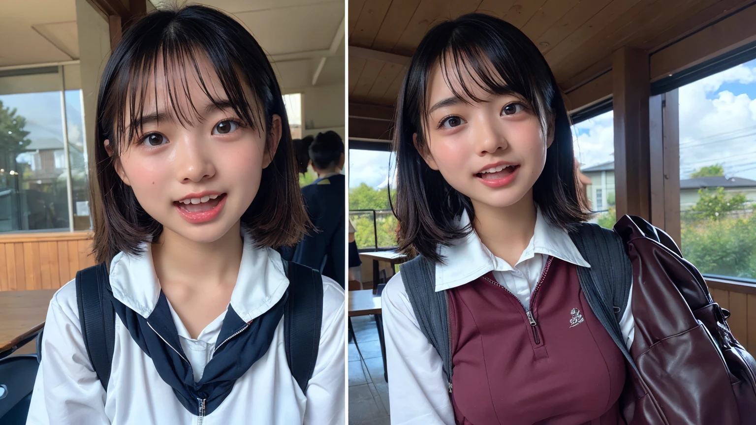 (2Split Photo:1.3)、Magazine Cover:1.3、Japanese,10 years old,Innocent face,Teenage Girl,cute,Primary school students,Private elementary school,uniform,Carrying a small red backpack,Summer clothes,Sitting、front、Cute smile、Laugh with your mouth wide open、((????? dripping from the mouth:1.2))、Mouth full of semen:1.5、A lot of semen on the tongue、((Cloudy, thick ?????))、whole body、Full Body、????? dripping from the genitals、You can see the nipples、Not wearing a bra