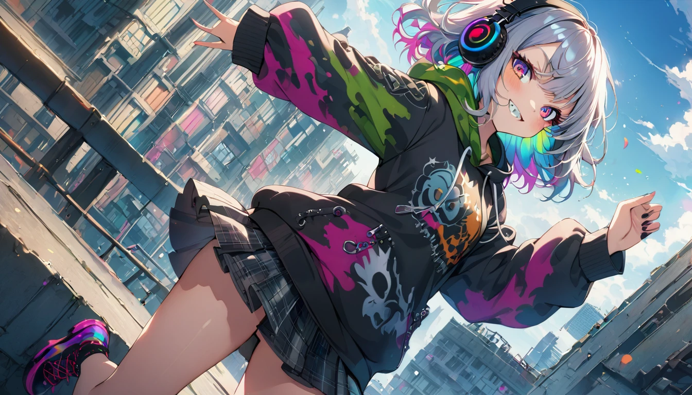 ((Masterpiece)), ((best quality)), (Anime:1.3), (super detail:1.2), (High Definition:1.3), (Professional Photography:1.3), cute young Girl, Glossy unruly hair, (loose swept bangs), (silver ash hair), medium hair, big eyes, (Eye bags:1.3), (Long eyelashes), colorful eyes, (holding hand gun:1.3), (dancing:1.3), Glossy lips, (jagged teeth), (evil smile and blush), ((Camouflage hoodie with oversized)), mini skirt, (upper body:1.3), wind, barearms, cute, (colorful:1.3), gothic makeup, (wearing headphone), pretty, Celtic, maniac, (at the roof of the building), (dutch angle),