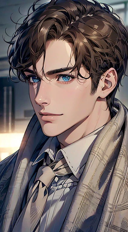 (Highest quality,4K,8K,High resolution,masterpiece:1.2),Super detailed,(Realistic,photoRealistic,photo-Realistic:1.37),1 person,31 years old,Mature Men,Beautiful skin、Profile、very handsome,Expressionless,smile,Short brown hair,blue eyes,Sharp Eyes,A perfect face without a doubt,Businessman,Office Background,Cinema Lighting,HDR image,tie、