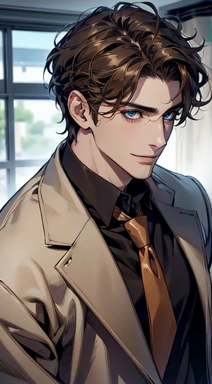 (Highest quality,4K,8K,High resolution,masterpiece:1.2),Super detailed,(Realistic,photoRealistic,photo-Realistic:1.37),1 person,31 years old,Mature Men,Beautiful skin、Profile、very handsome,Expressionless,smile,Short brown hair,blue eyes,Sharp Eyes,A perfect face without a doubt,Businessman,Office Background,Cinema Lighting,HDR image,tie、