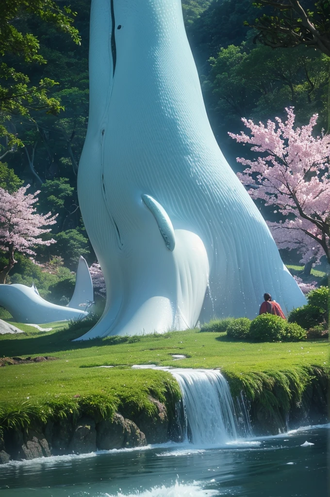 In the realm of whimsical fantasy, a majestic and translucent Whale takes to the skies, defying the very laws of nature. Its colossal form glows with a luminescent radiance, each fluid curve and wrinkle captured in exquisite detail in this high-resolution image. Cherry blossoms drift gently through the air around it, their delicate petals unfurling and cascading like rain, falling freely from the branches of ethereal trees that cling tensely to the wondrous behemoth's humongous body. The fantasy landscape that surrounds this aerial spectacle is alive with vibrant colors, as if illuminated by

