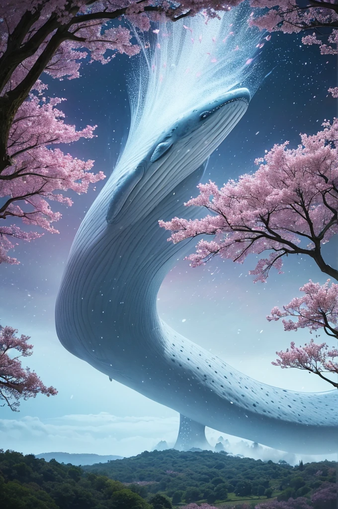 In the realm of whimsical fantasy, a majestic and translucent Whale takes to the skies, defying the very laws of nature. Its colossal form glows with a luminescent radiance, each fluid curve and wrinkle captured in exquisite detail in this high-resolution image. Cherry blossoms drift gently through the air around it, their delicate petals unfurling and cascading like rain, falling freely from the branches of ethereal trees that cling tensely to the wondrous behemoth's humongous body. The fantasy landscape that surrounds this aerial spectacle is alive with vibrant colors, as if illuminated by
